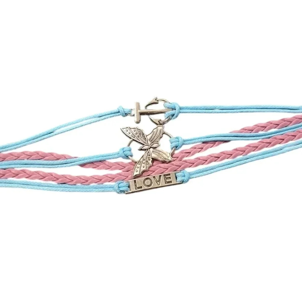 Love Butterfly Anchor Charm Faux Leather Multi-layered Bracelet